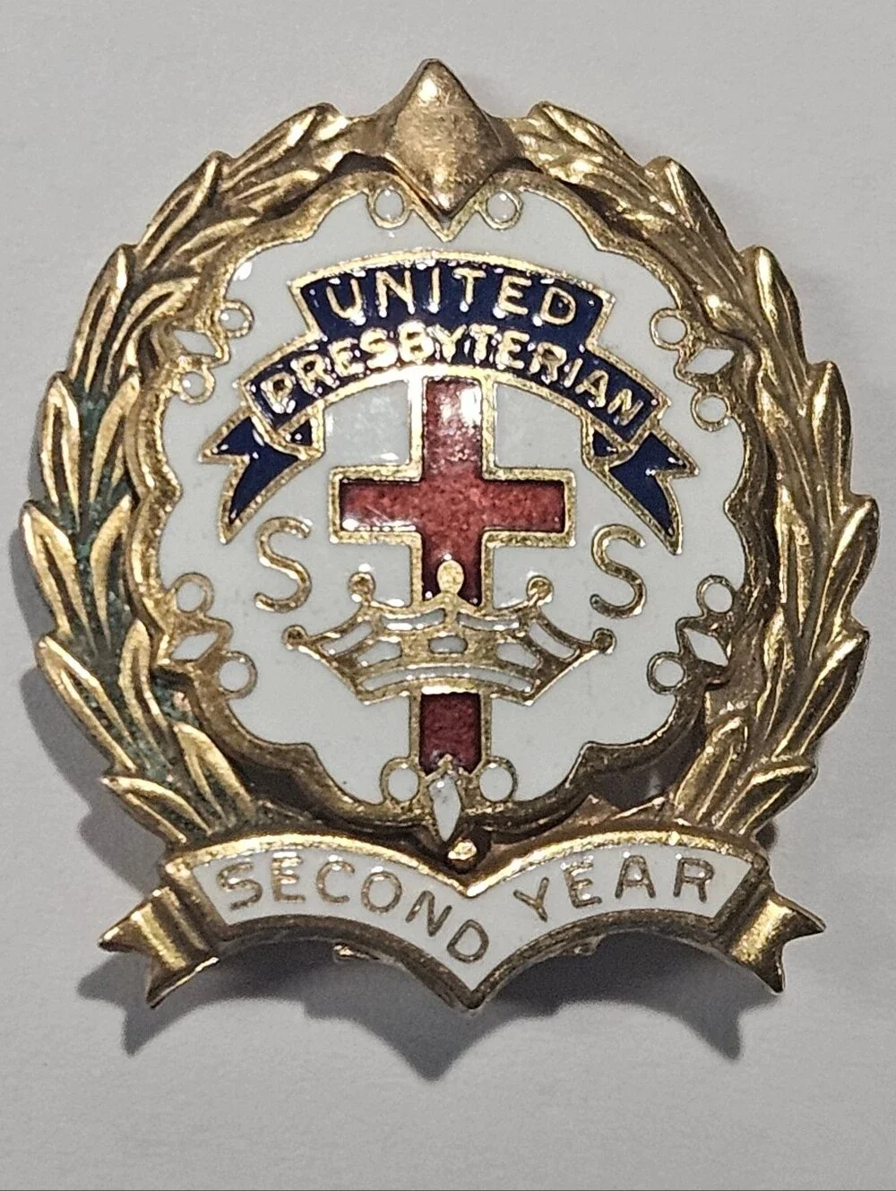Vintage United Presbyterian Sunday School Pin Second Year 1/20 10K GF Robbins Co